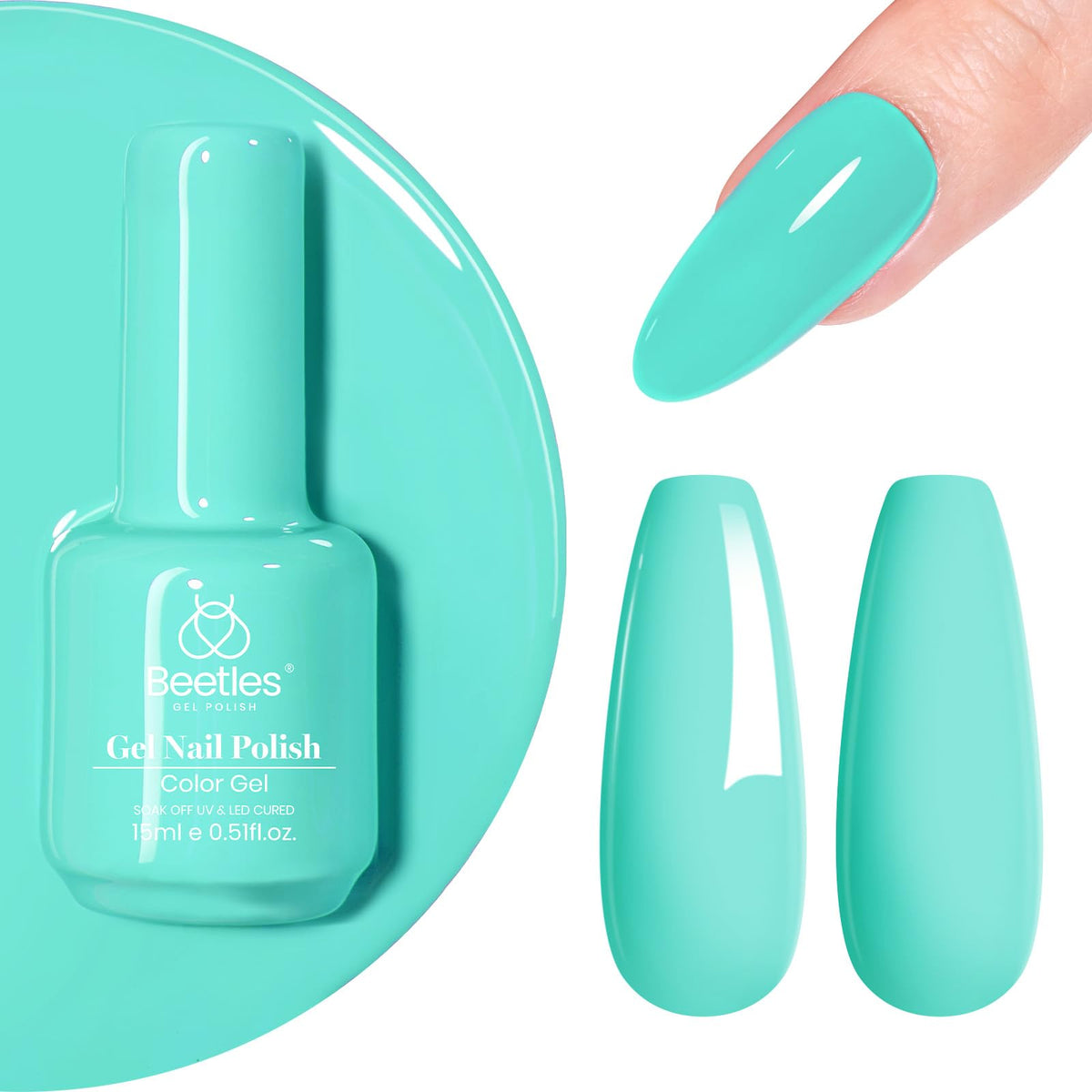 Beetles Cascade Green gel polish bottle showcases vibrant, long-lasting shade.
