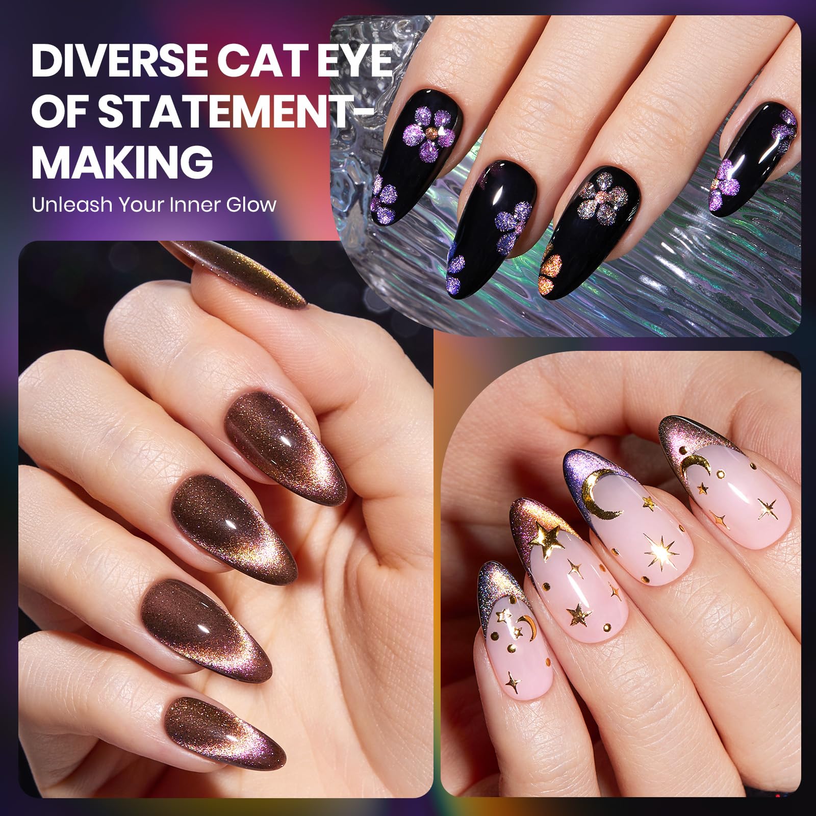 Step-by-step application guide showing base, cat eye, and top coat.