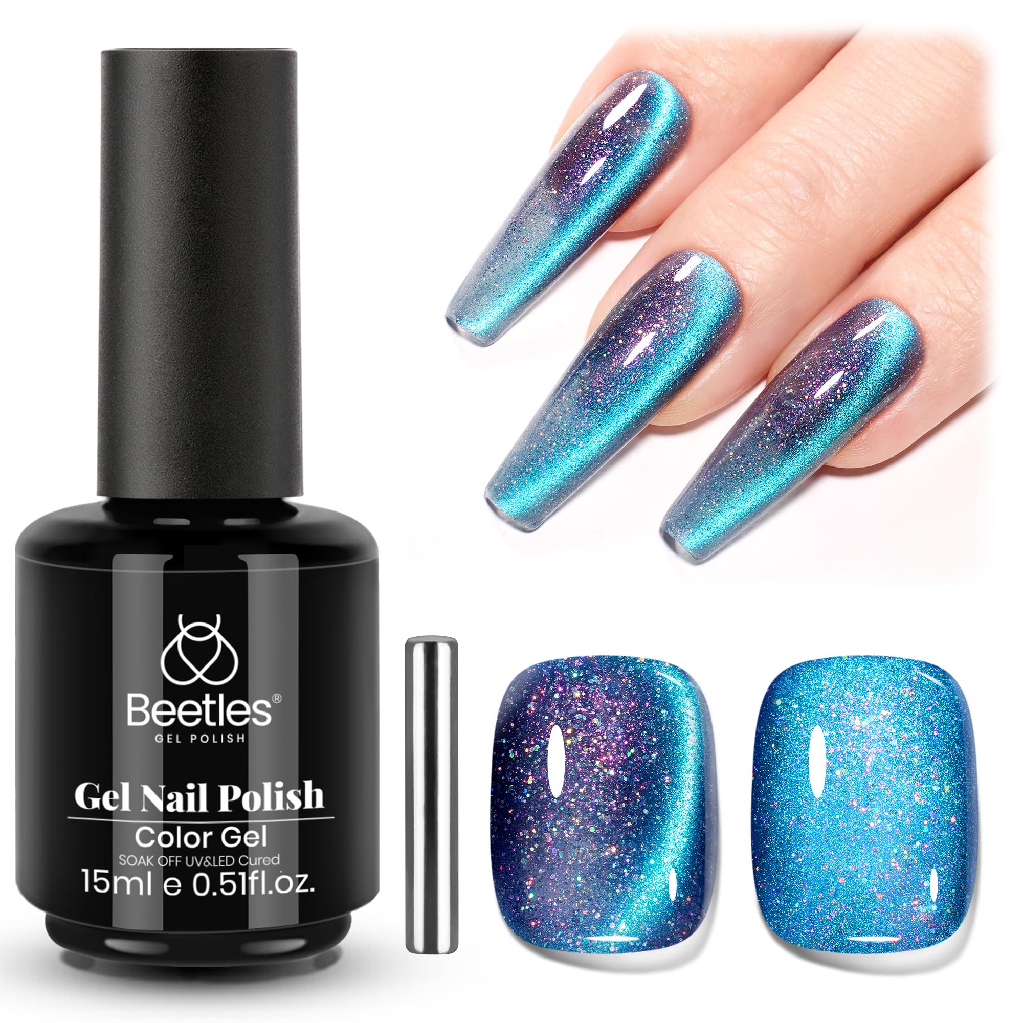 Beetles Cat Eye Blue Milky Way bottle shows magnetic shimmer for at-home manicures.
