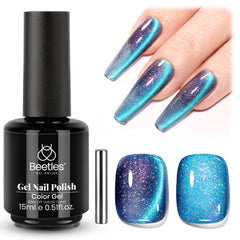 Beetles Cat Eye Blue Milky Way bottle shows magnetic shimmer for at-home manicures.