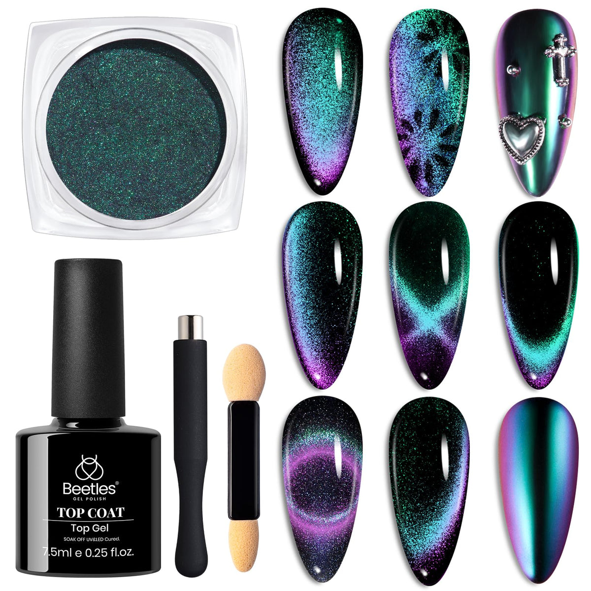 Beetles Cat Eye Chrome Nail Powder Set creates a striking mirror finish on nails.