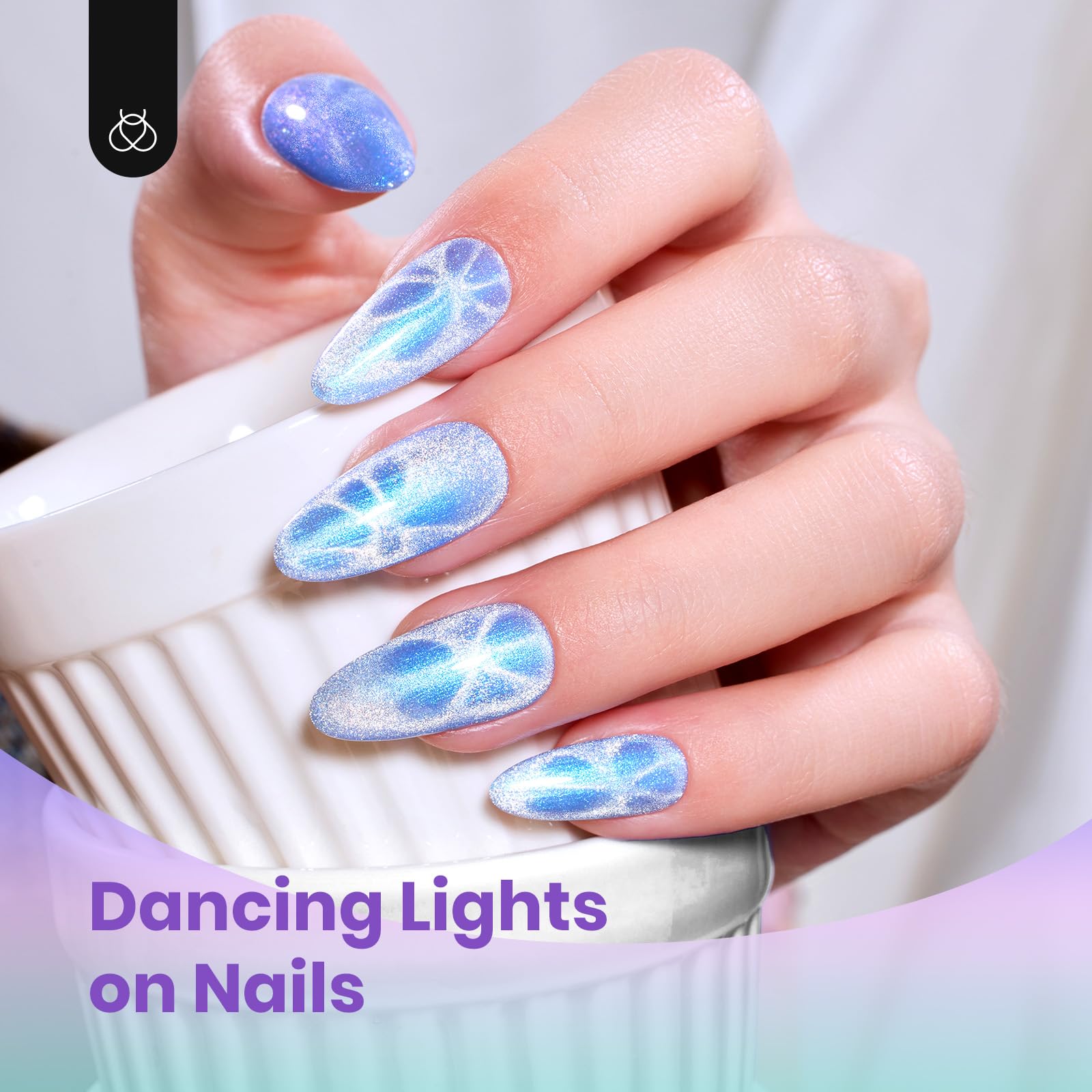 Beetles Cat Eye blue gel polish showing shifting color under light and magnet
