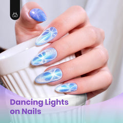 Beetles Cat Eye blue gel polish showing shifting color under light and magnet