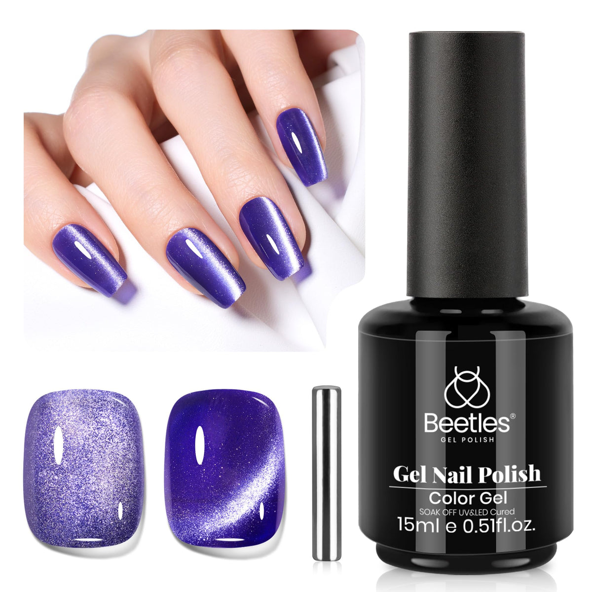 Beetles Cat Eye purple magnet effect showcases shifting shimmer for chic at-home manicure.