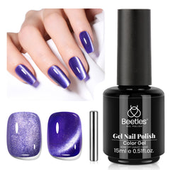 Beetles Cat Eye purple magnet effect showcases shifting shimmer for chic at-home manicure.
