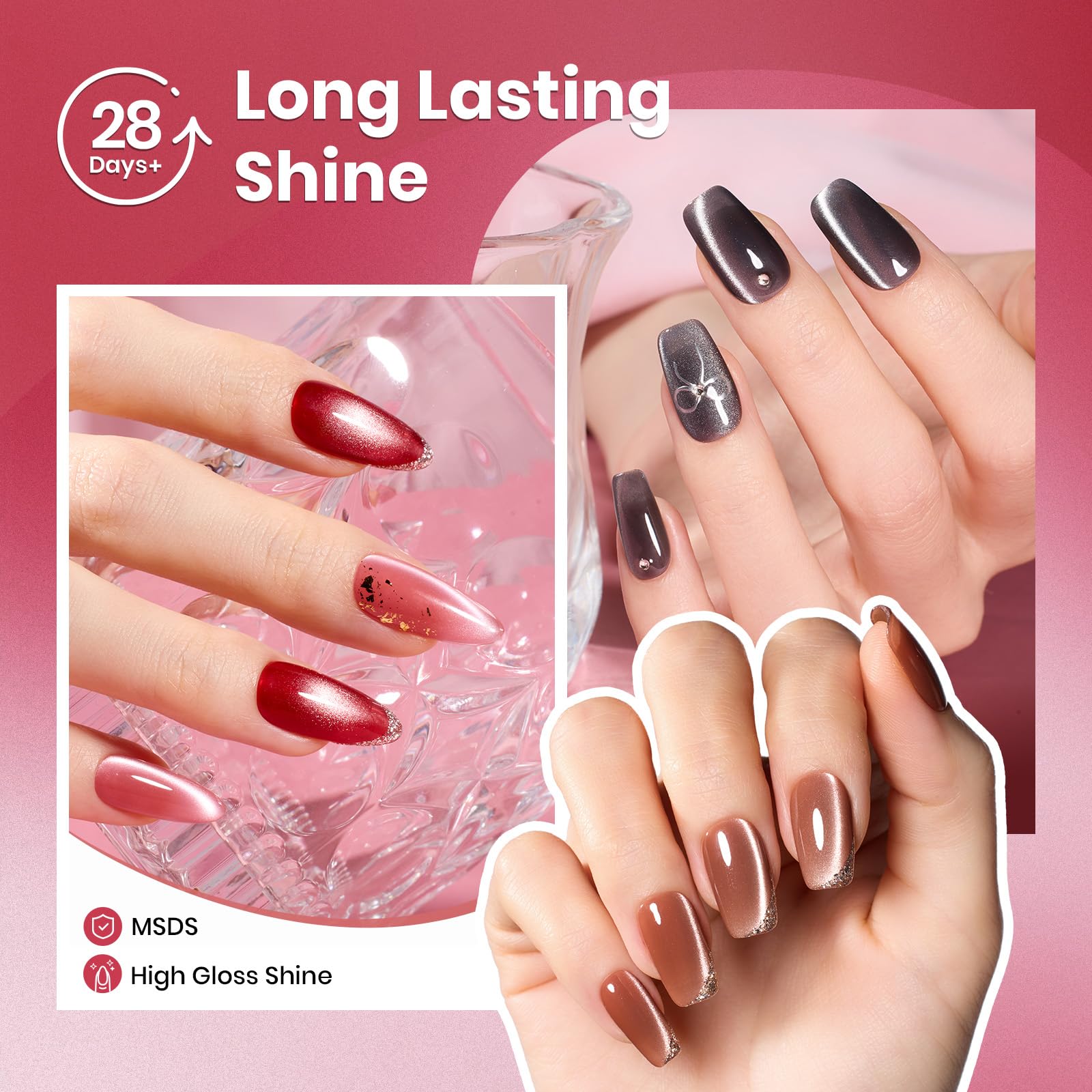Beetles Cat Eye Gel Polish red shade provides bold color with dramatic light-reflective notes.