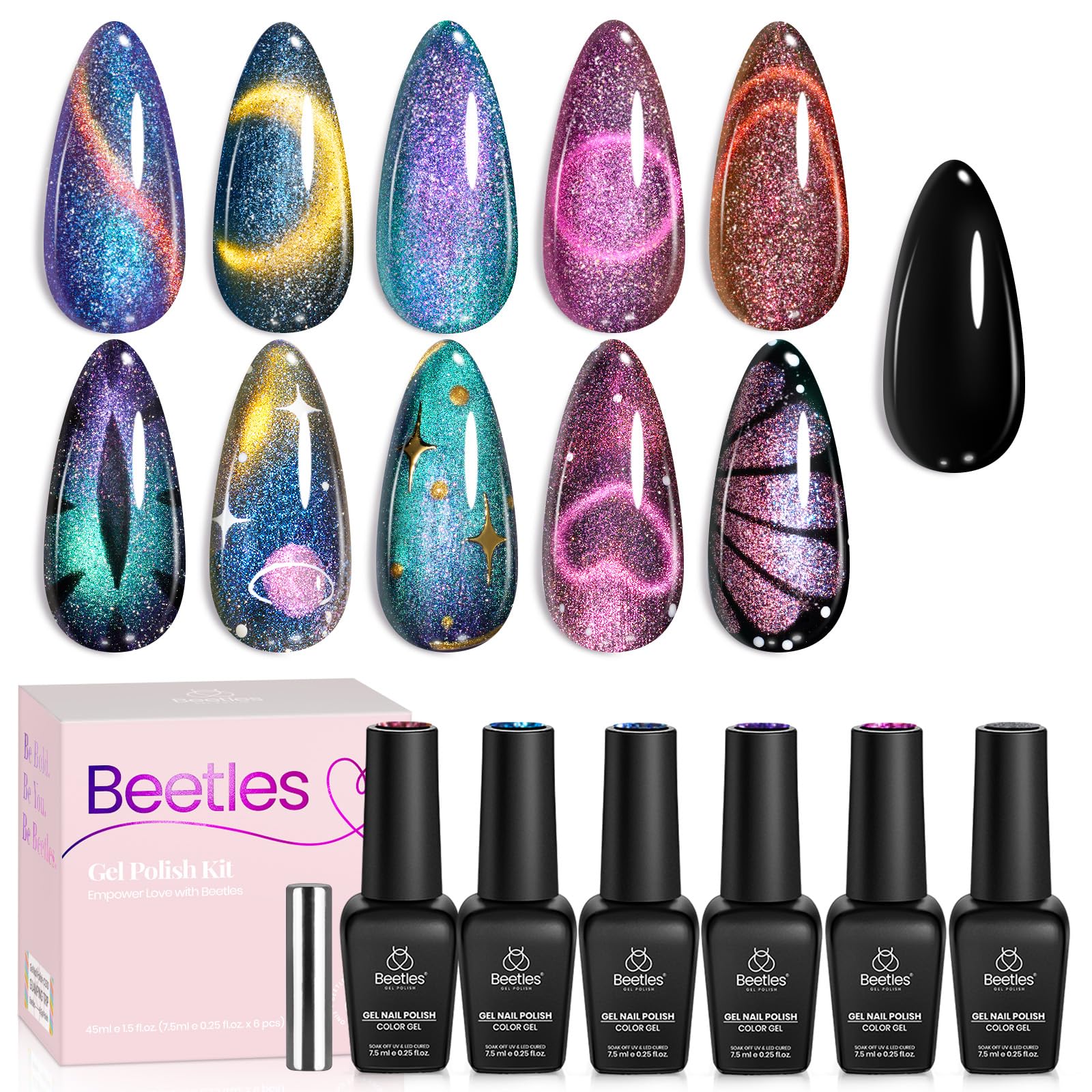 Beetles Cat Eye Gel Nail Polish Set shows six color shifting swatches for a dynamic manicure
