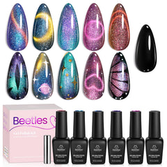 Beetles Cat Eye Gel Nail Polish Set shows six color shifting swatches for a dynamic manicure