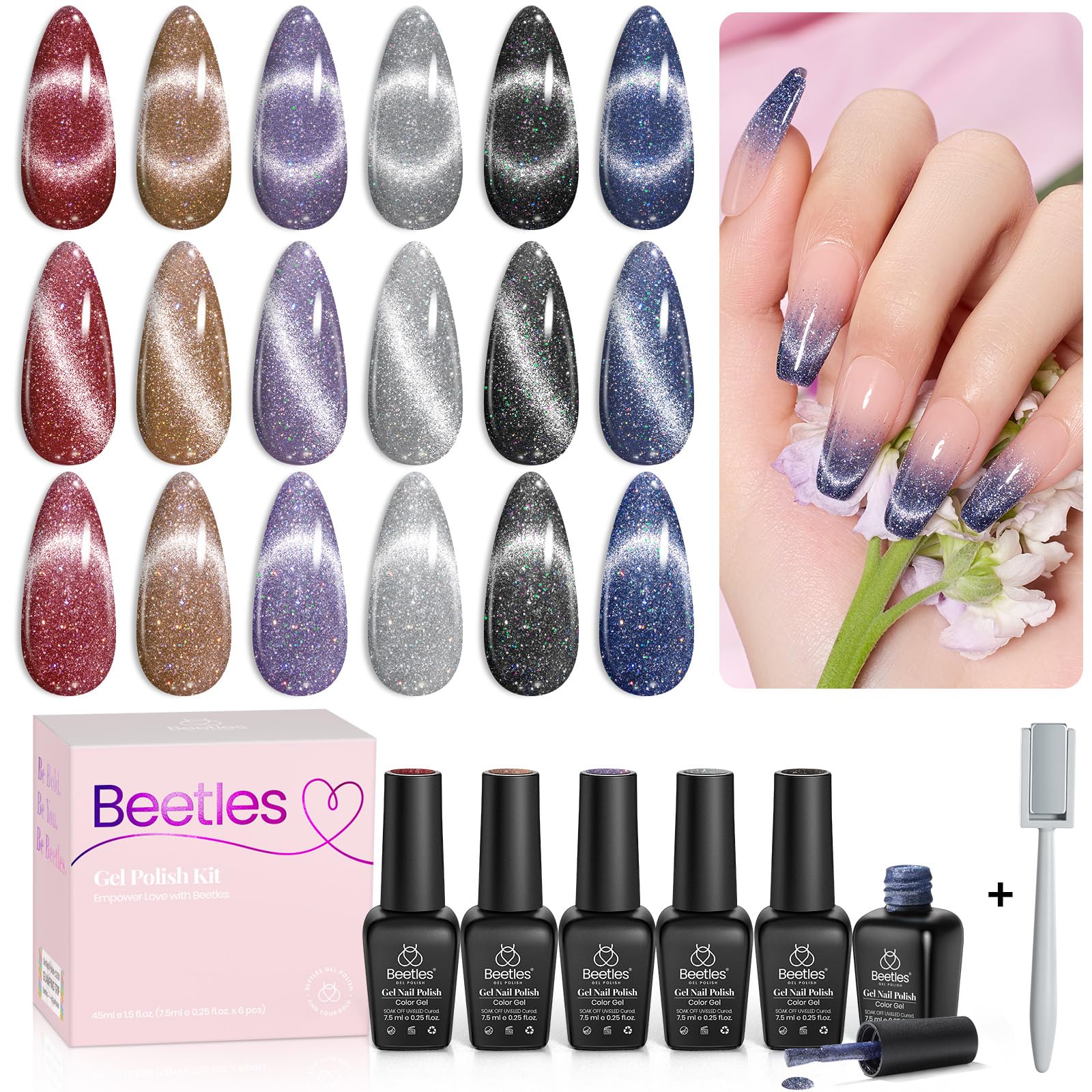 Beetles Cat Eye gel polish set shows magnetic effect for at-home nails