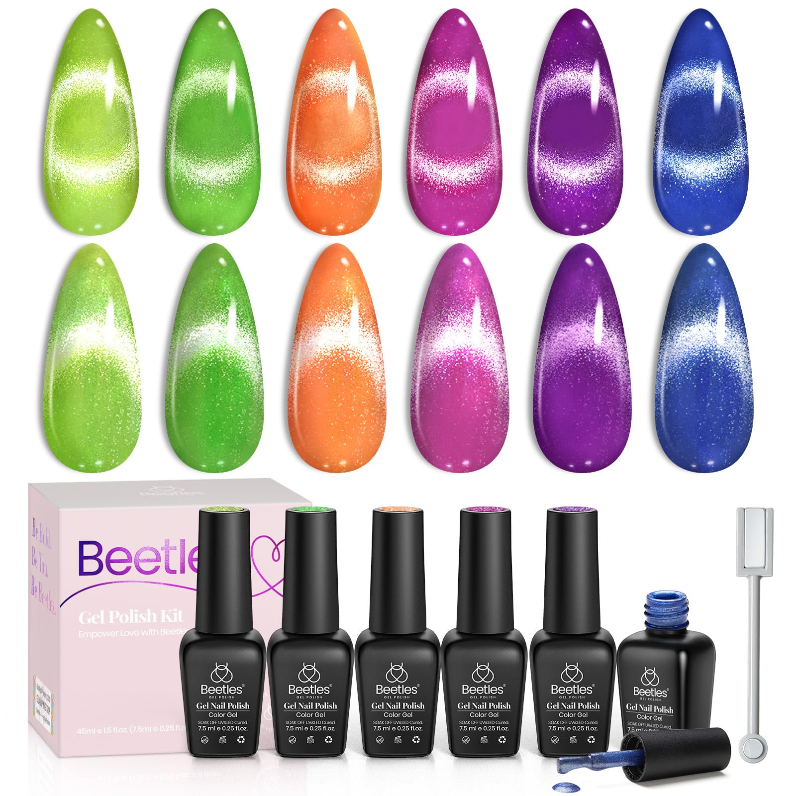 Beetles Cat Eye Gel Polish Collection with six neon colors ideal for bold nail art.