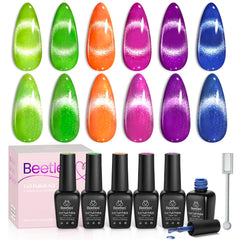 Beetles Cat Eye Gel Polish Collection with six neon colors ideal for bold nail art.