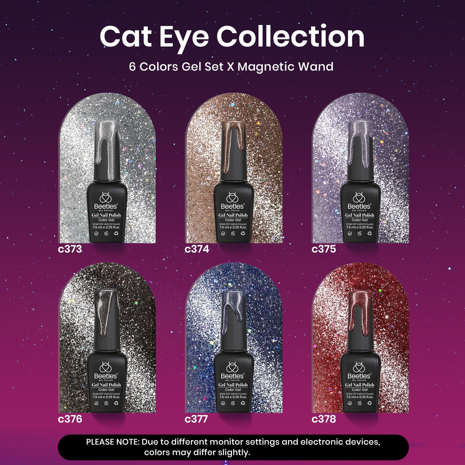 Six Beetles cat-eye shades with glitter in red, purple, and blue