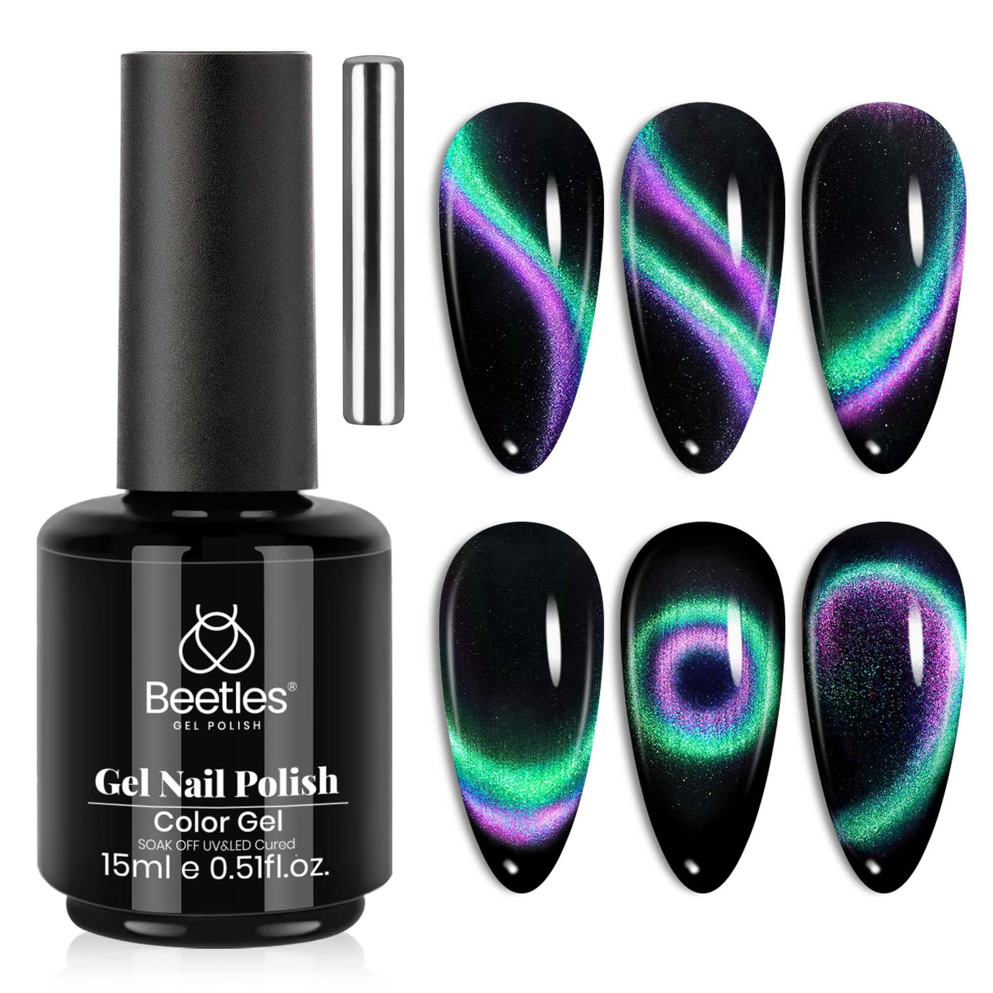Beetles Cat Eye Gel Polish in green-purple shifts with magnetic depth for eye-catching nails.
