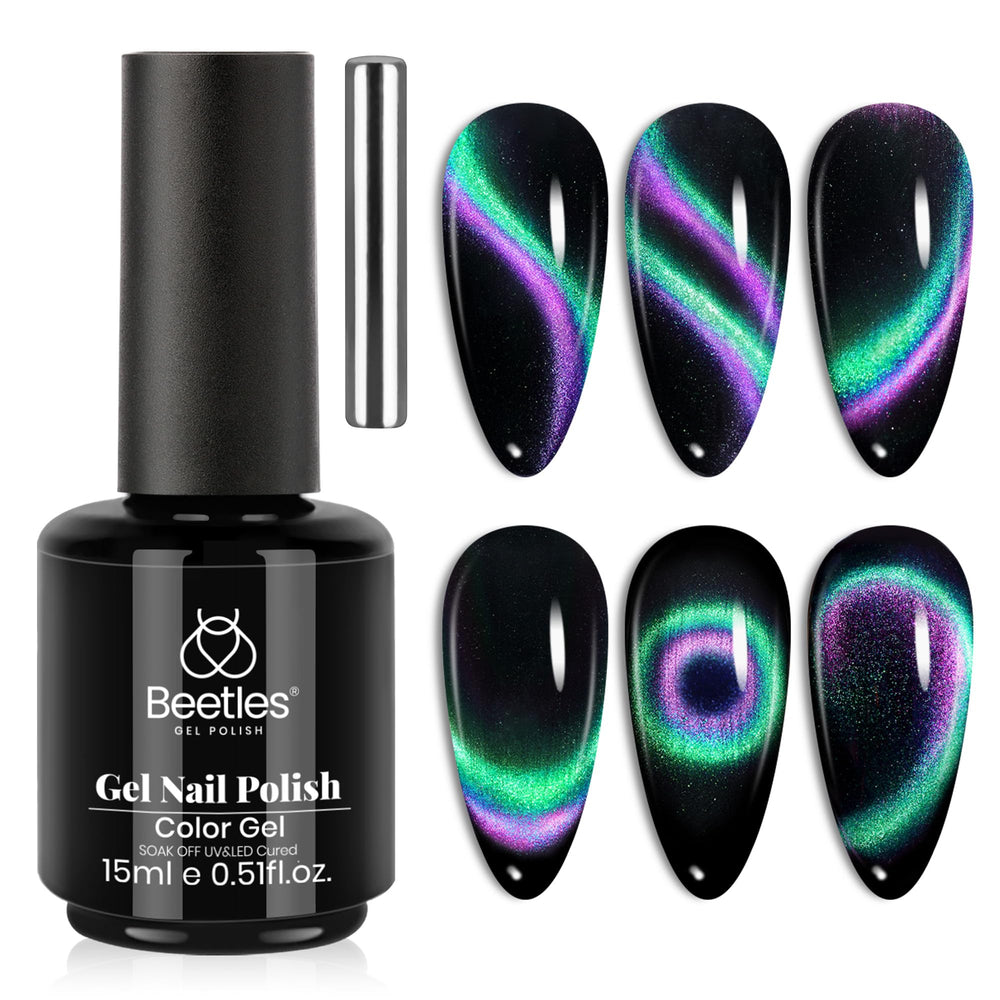 Beetles Cat Eye Gel Polish in green-purple shifts with magnetic depth for eye-catching nails.