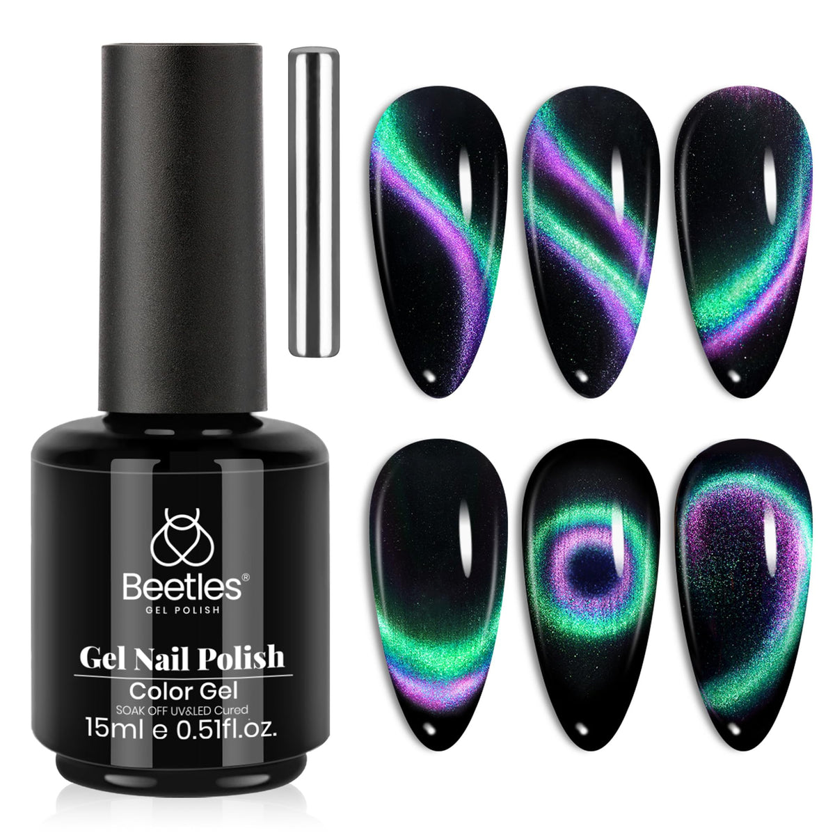 Beetles Cat Eye Gel Polish in green-purple shifts with magnetic depth for eye-catching nails.