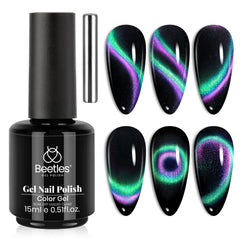 Beetles Cat Eye Gel Polish in green-purple shifts with magnetic depth for eye-catching nails.