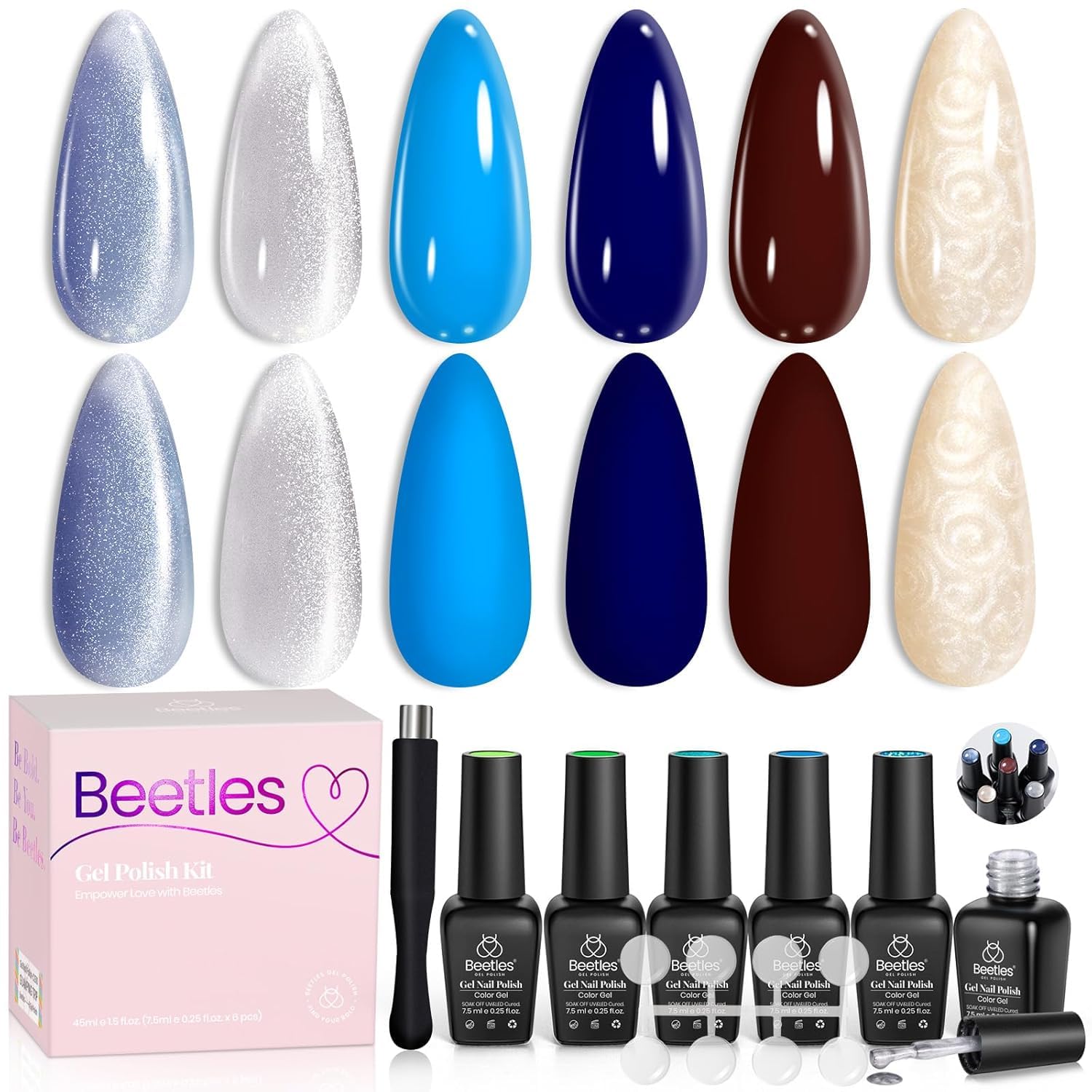 Beetles Cat Eye Gel Polish set shows blue brown pearl shades for chic nails.