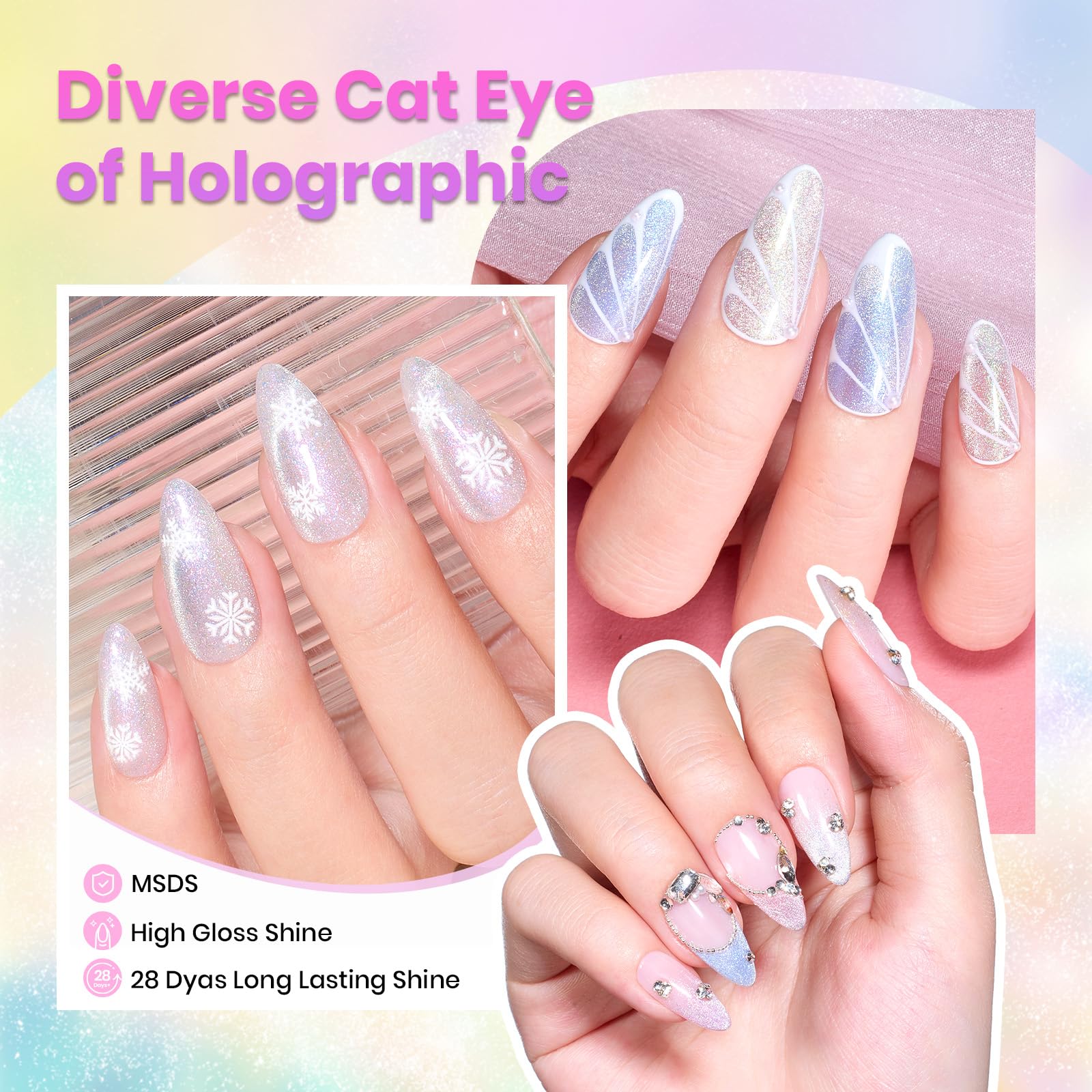 Beetles Cat Eye Gel Polish F730 presents silver-pink gradient under light.
