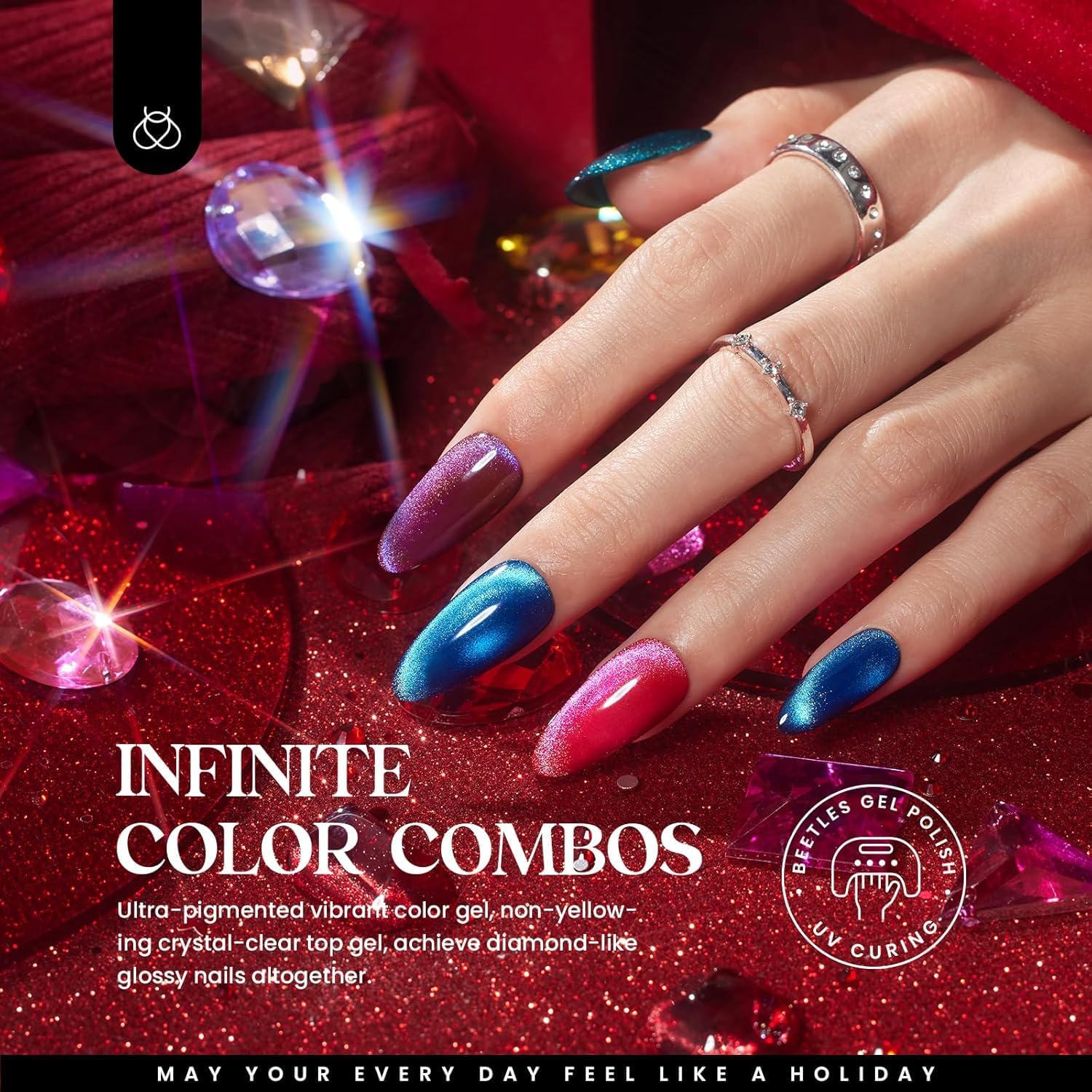 Beetles Cat Eye color swatches show vibrant hues and changing reflections.
