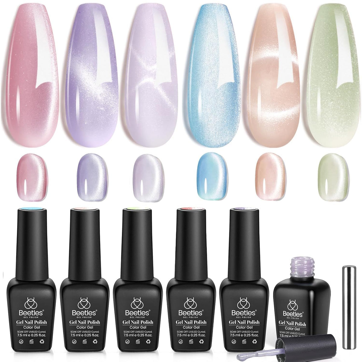 Beetles Cat Eye Pink Gel Nail Set with glass shimmer for a chic home manicure.