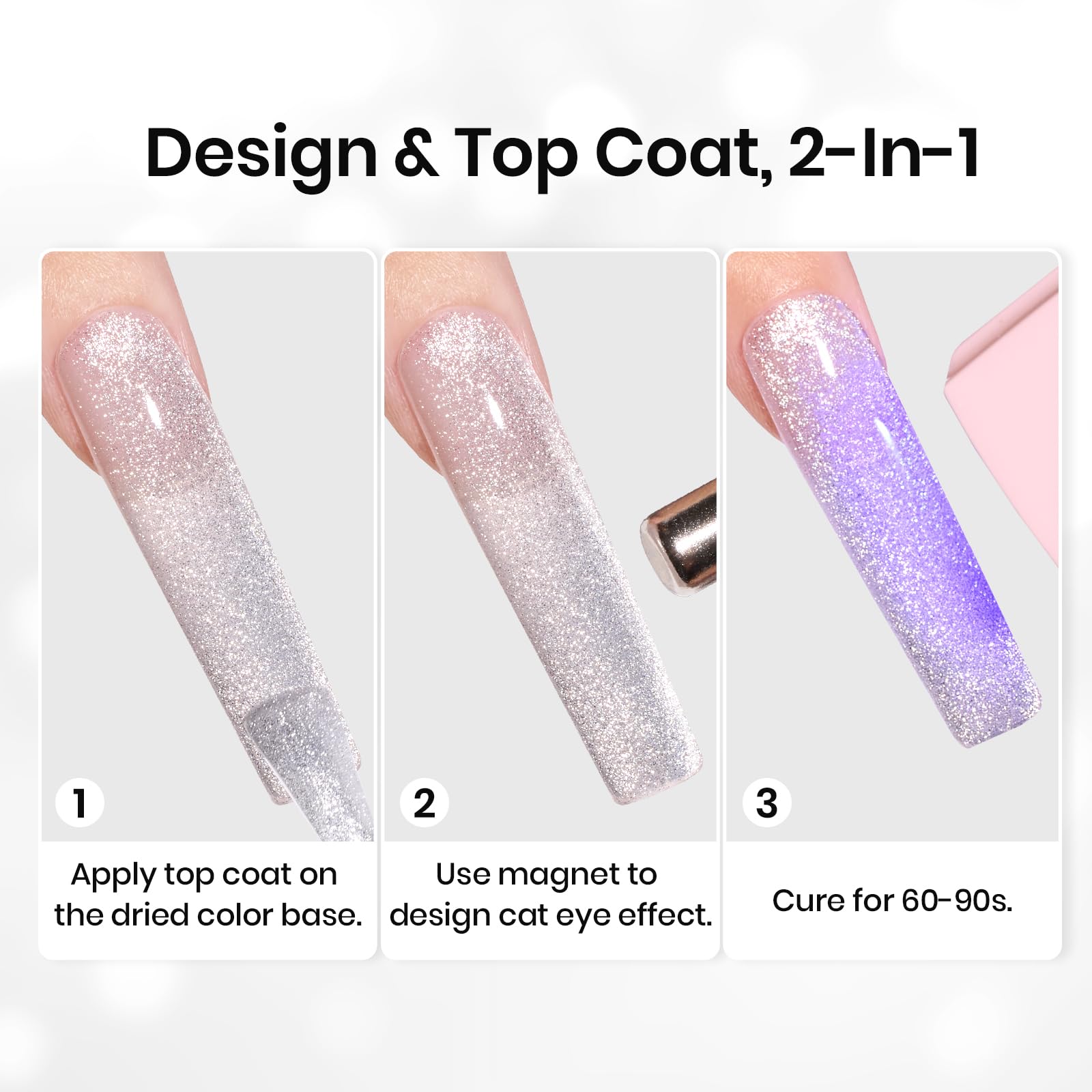 Beetles Cat Eye Top Coat night-sky shine finish on short nails.