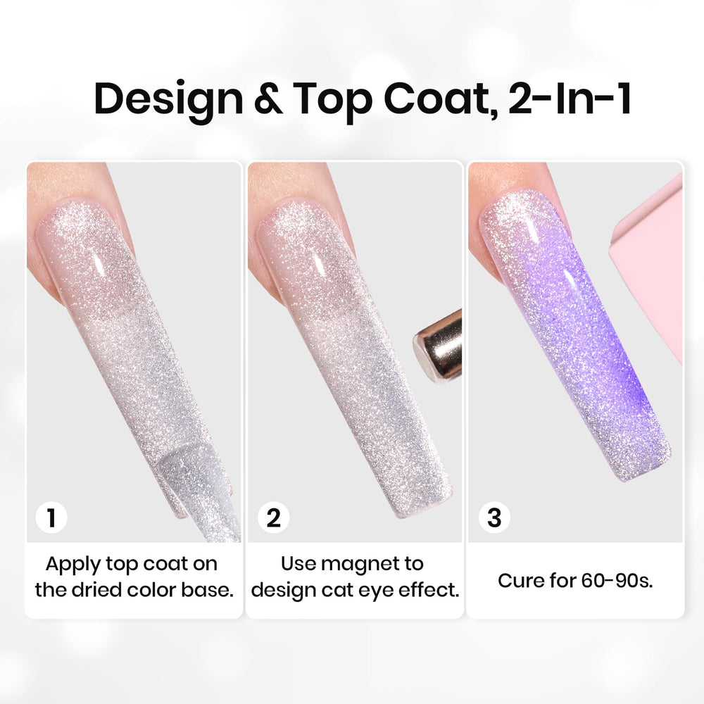 Beetles Cat Eye Top Coat night-sky shine finish on short nails.
