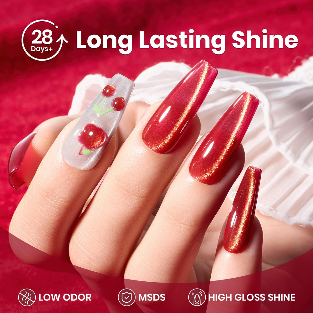 Beetles cherry red gel nail polish on nails with high shine