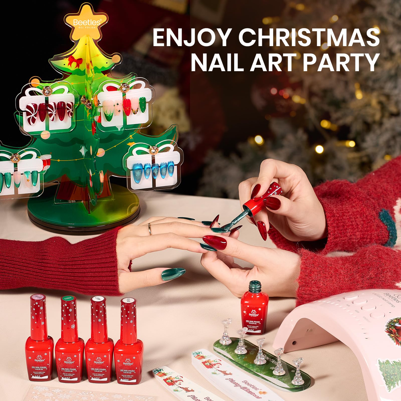 Beetles Christmas tree display stand rotates for easy nail demos.