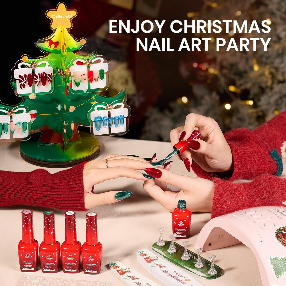 Beetles Christmas tree display stand rotates for easy nail demos.