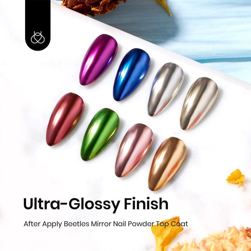 Beetles Chrome Top Coat nail art reveals chrome powder finish with high gloss.