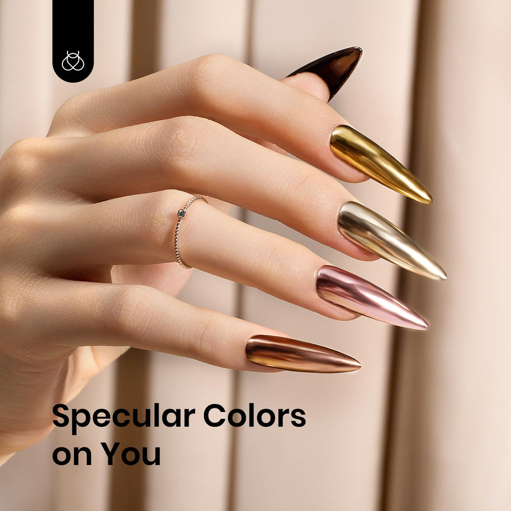 Beetles chrome powder on nails close-up shows smooth texture and gloss.