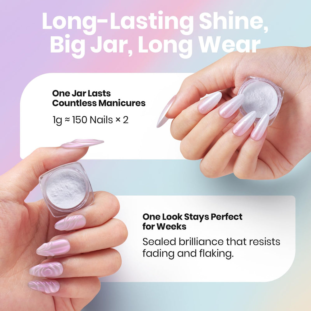 Beetles Chrome Nail Powder application on nails shows a quick DIY chrome manicure.