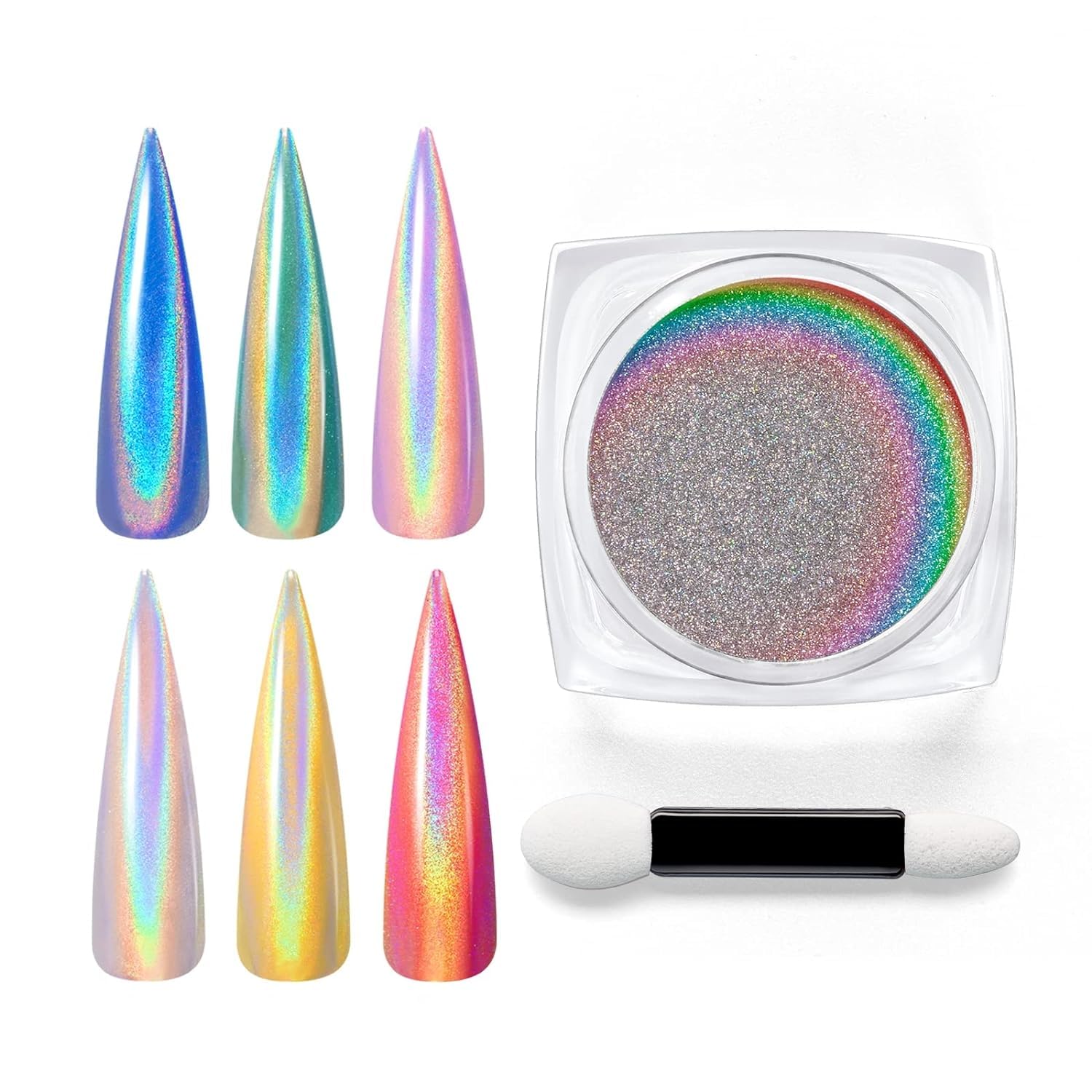 Beetles Chrome Nail Powder jar closeup with aurora iridescent finish.