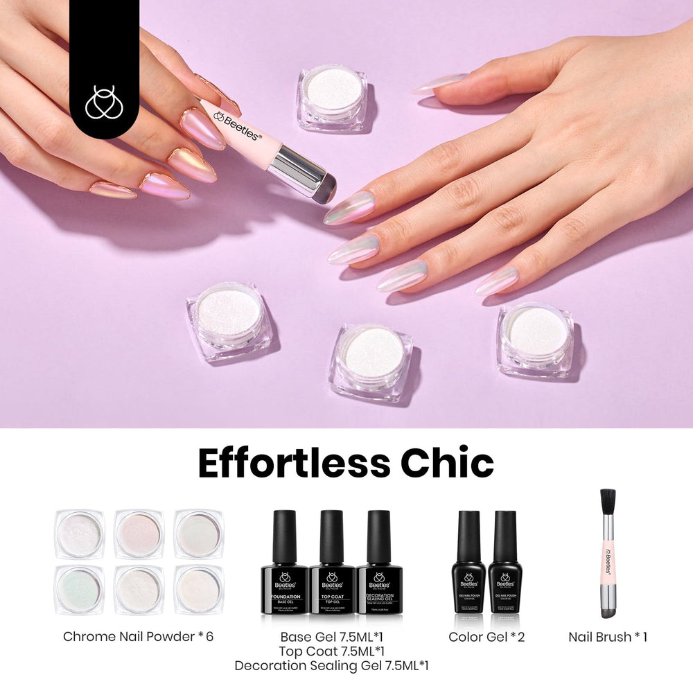 Beetles Chrome Nail Powder Aurora Pearl Green creates iridescent effects on any base color.