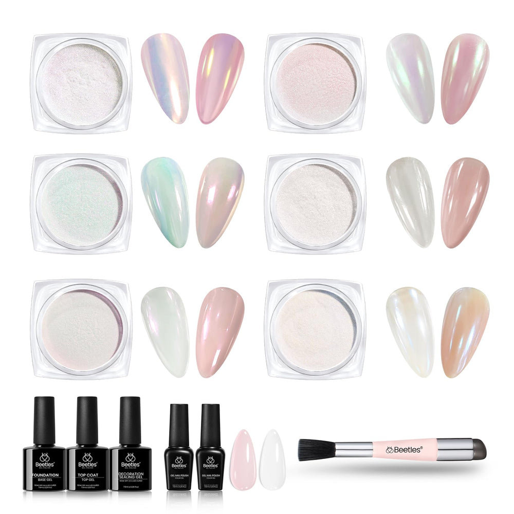 Beetles Chrome Nail Powder Aurora Pearl White for pearlescent glow and mirror shine.