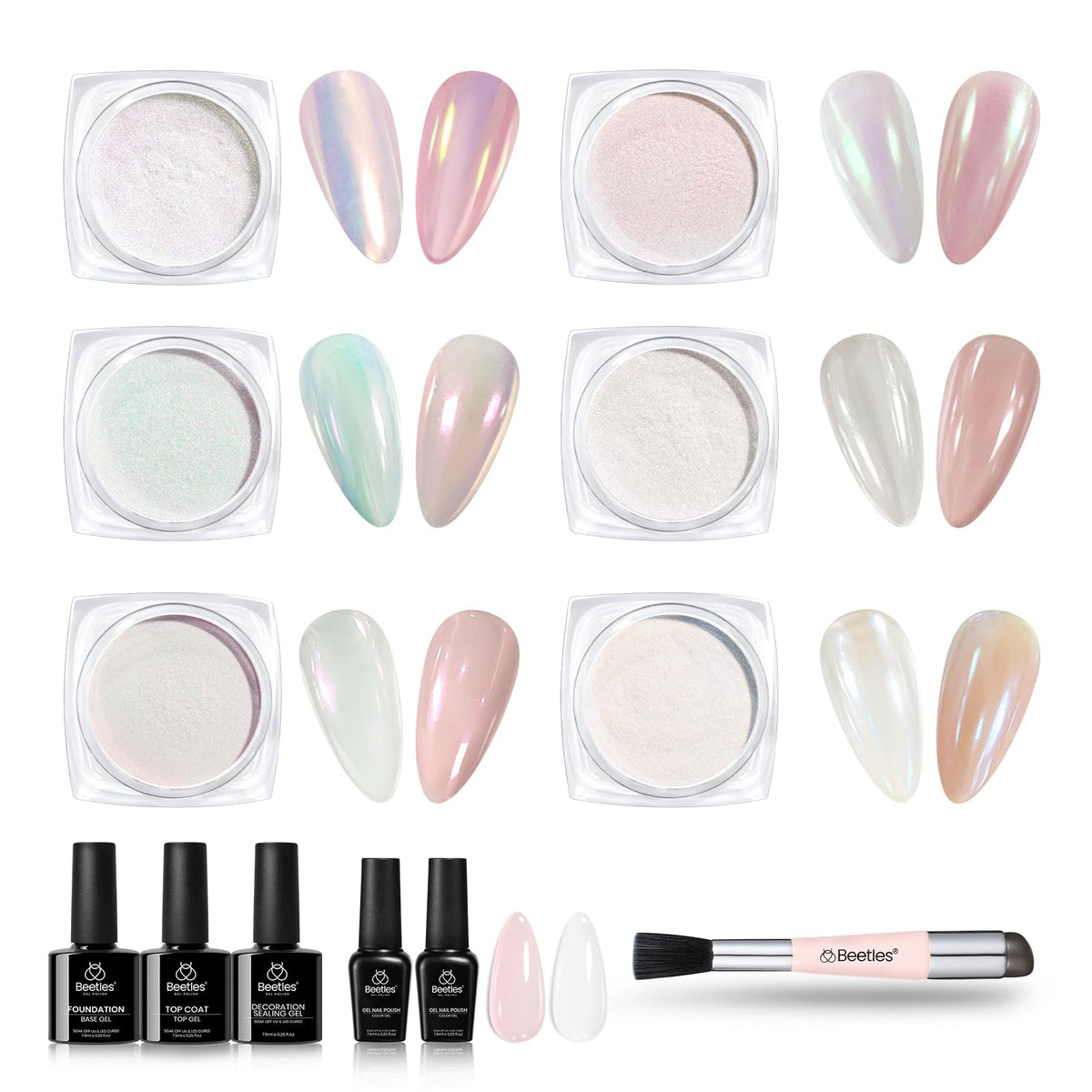 Beetles Chrome Nail Powder Aurora Pearl White for pearlescent glow and mirror shine.