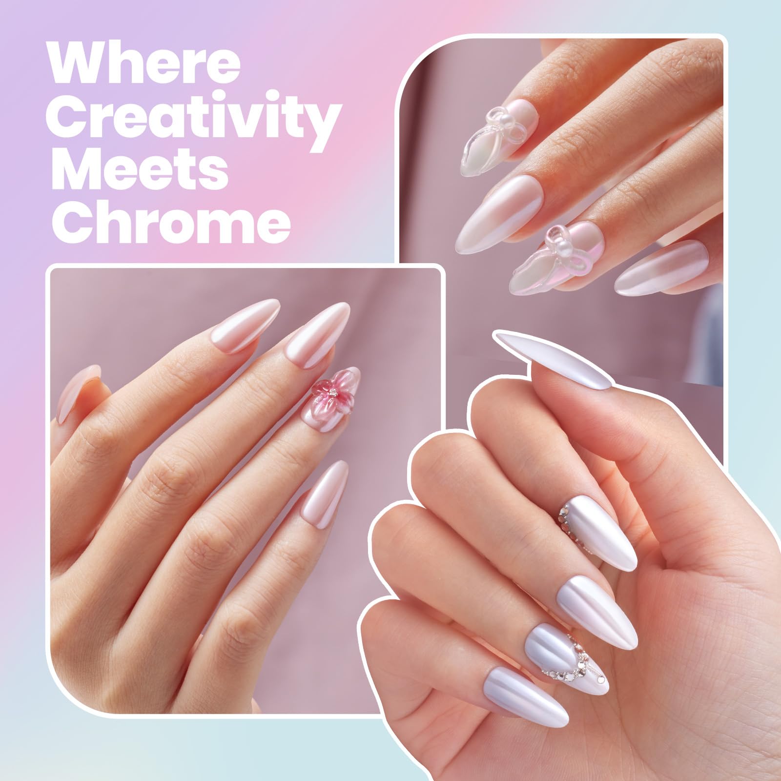 Beetles Chrome Nail Powder mirror finish swatch on nail displays reflective shimmer and depth.