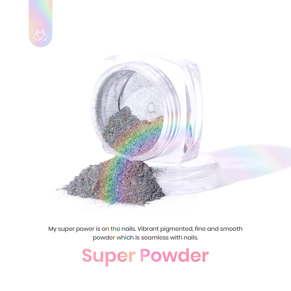 Beetles Chrome Nail Powder on UV gel nails delivering vibrant, shimmering chrome effect.