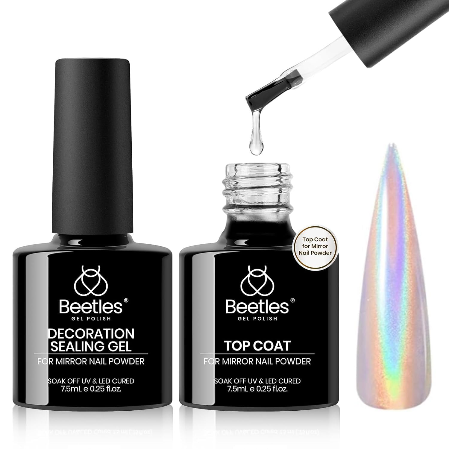 Beetles Chrome Top Coat bottle closeup shows translucent shine and lasting protection.