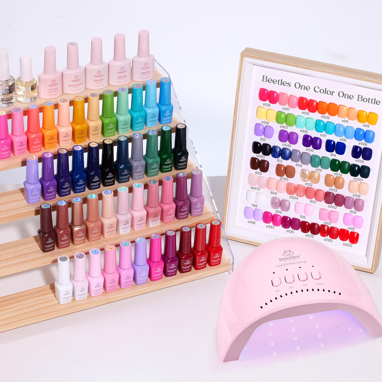Beetles color assortment organized on display for easy color selection.