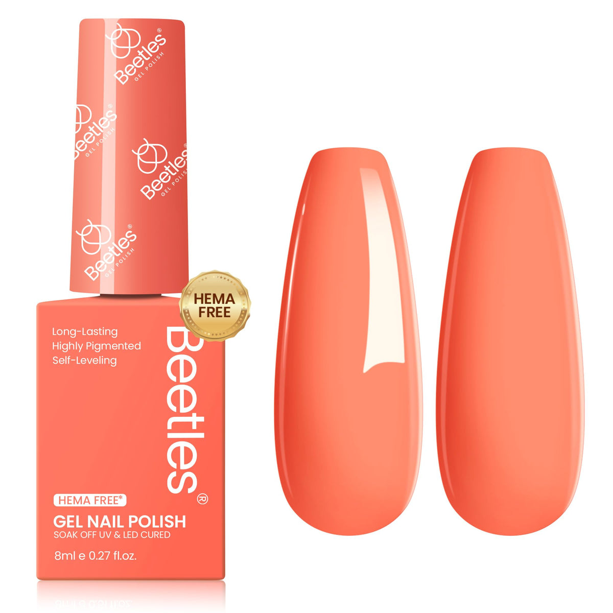 Beetles Coral Orange gel polish 8ml bottle showing vibrant color for long-lasting nails