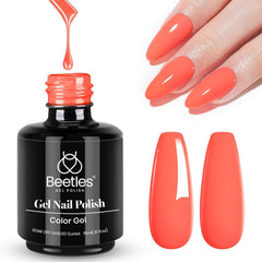 Beetles Coral Orange gel polish bottle closeup with vibrant shade and glossy finish.