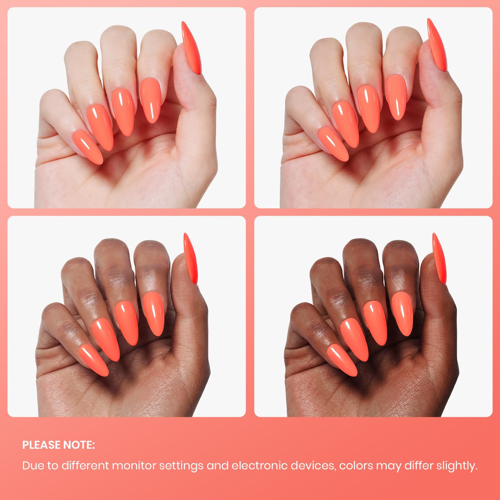 Beetles Coral Orange gel polish under UV/LED curing for fast setting.