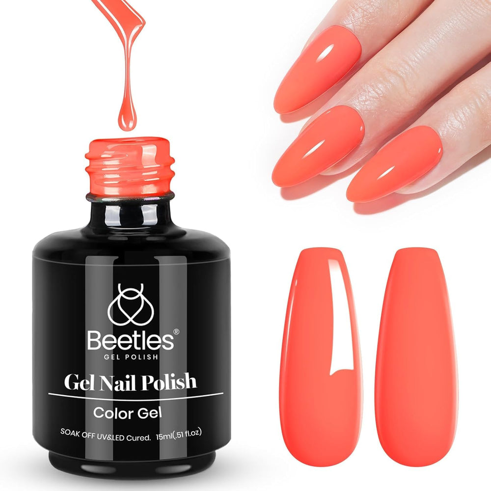 Beetles Coral Orange gel polish on vanity ready for gifting or daily wear.