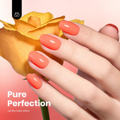 Beetles Coral Orange gel on nails with a vivid, glossy finish