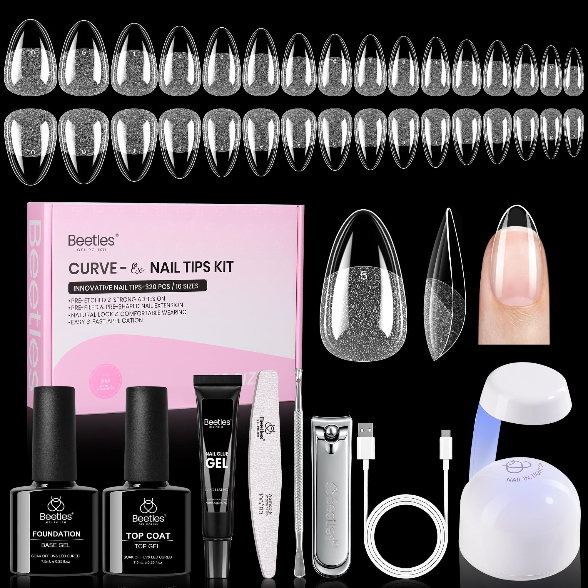 Beetles Curve-EX almond nail tips for secure curved-nail extensions.