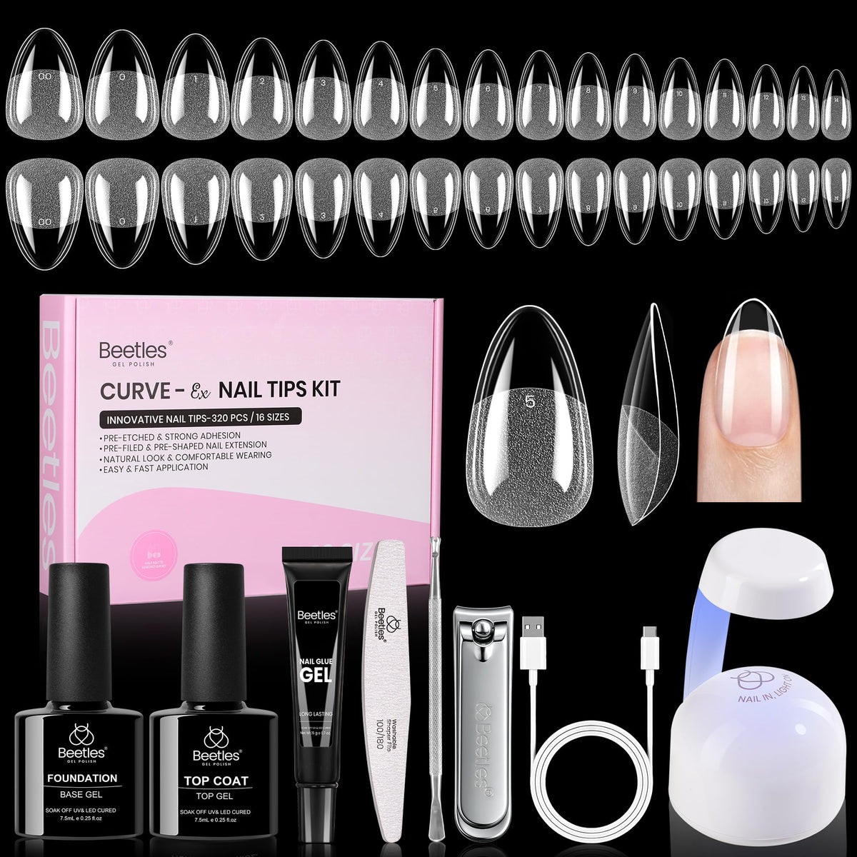 Beetles Curve-EX almond nail tips for secure curved-nail extensions.