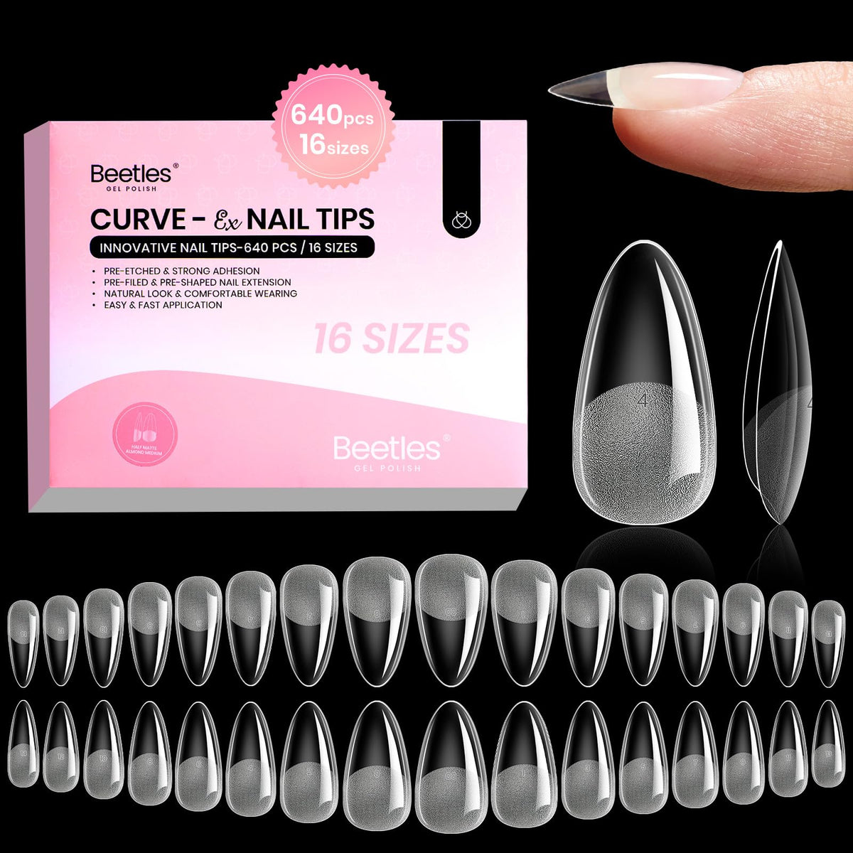 Beetles Curve-EX almond tip packaged for easy DIY use and clean handling.