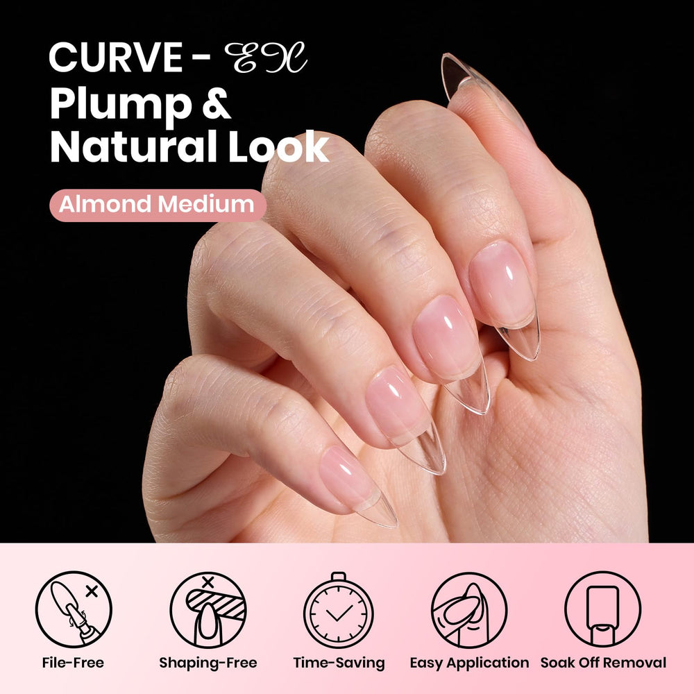 Beetles Curve-EX almond tip size chart illustrates 16 options for precise fit.