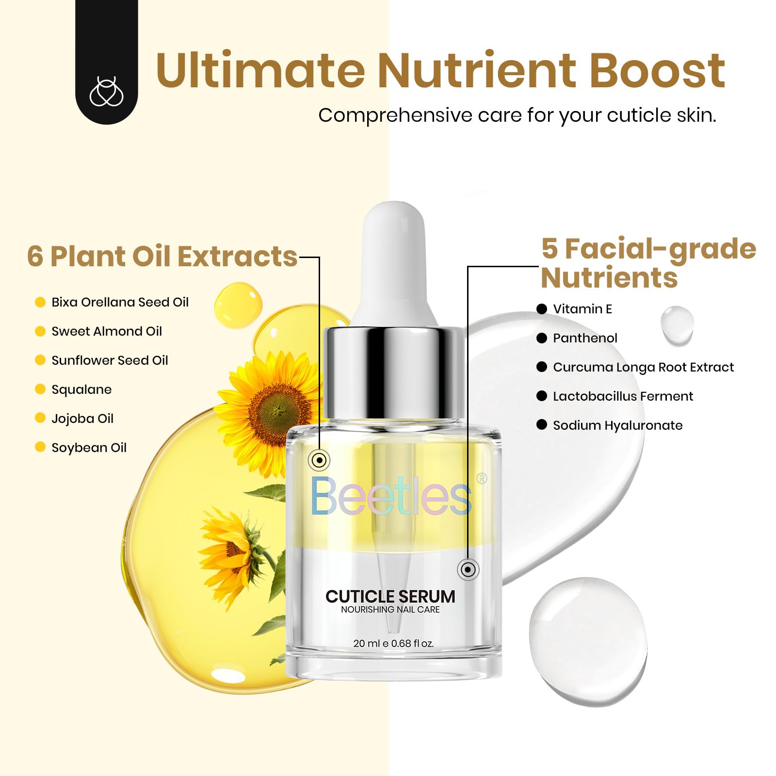Beetles Cuticle Oil close-up showing squalane and vitamin E ingredients.